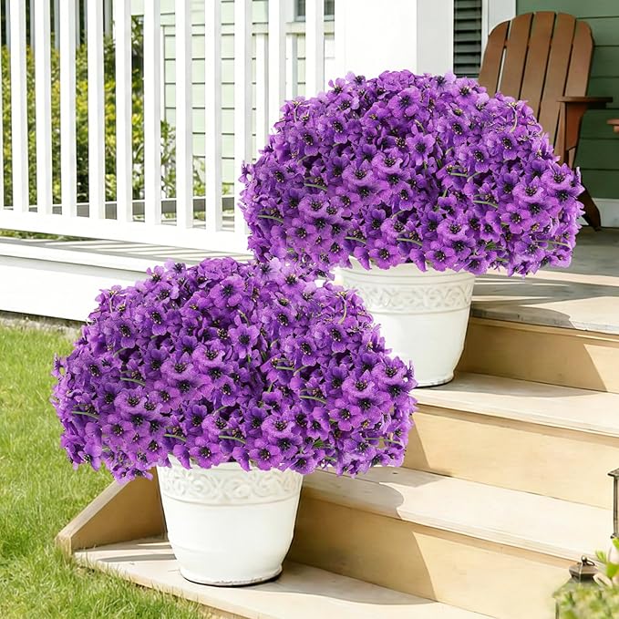 Powbrace 60 Pack Artificial Flowers for Outdoor Indoor Fake Plants, Faux Silk Flowers for Outdoors Outside Front Porch Hanging Planter Window Box Garden Spring Decoration(Purple)