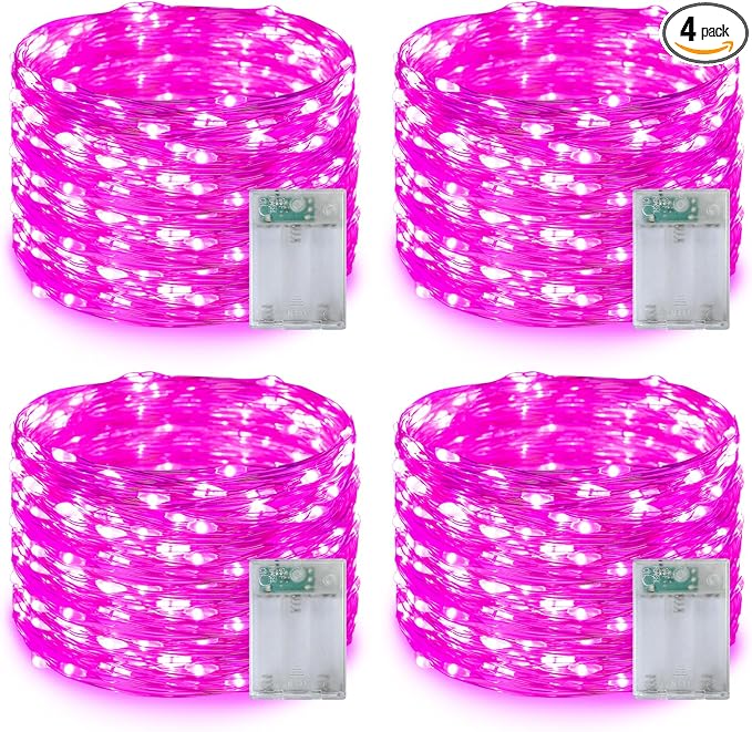 QITONG 4 Pack Pink Fairy Lights Battery Operated, Each 16 ft 50 LED Mini String Lights, Sliver Wire Christmas Twinkle Lights Indoor