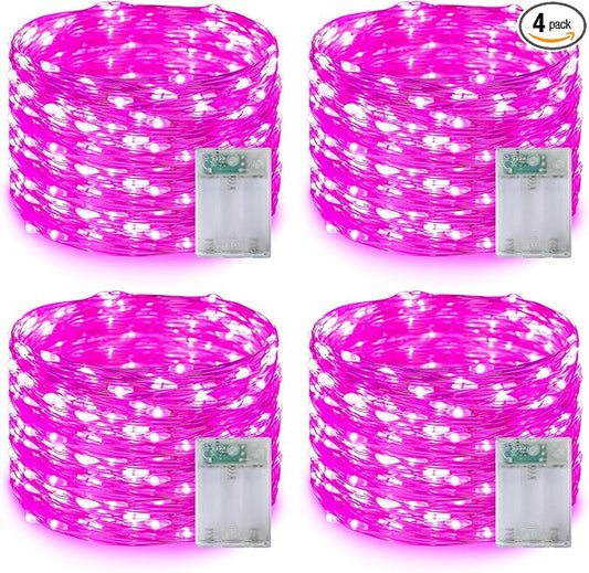 YEGUO Fairy Lights Battery Operated, 4 Packs Each 16ft 50 LED String Lights, Christmas Lights Indoor for Bedroom Wedding Party Holiday Gift(Pink)