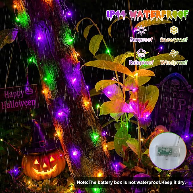 QITONG Purple Orange & Green Fairy Lights Battery Operated, 4 Pack Each 16ft 50 LED Halloween Lights Outdoor Waterproof, Silver Wire Christmas Twinkle Mini String Lights Indoor