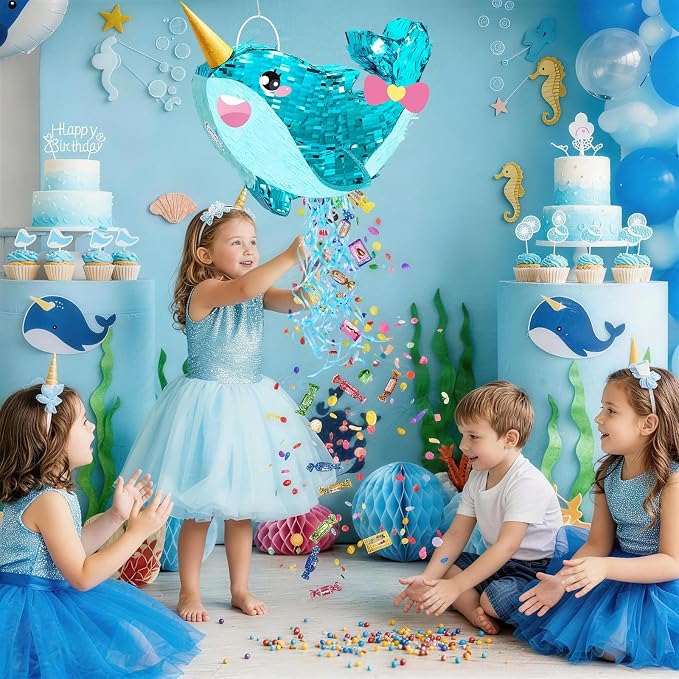 WERNNSAI Narwhal Piñata - Girl Narwhal Party Piñata Game Whale Ocean Themed Party Decor for Kids Under the Sea Classroom Decorations Summer Season Baby Shower Favors