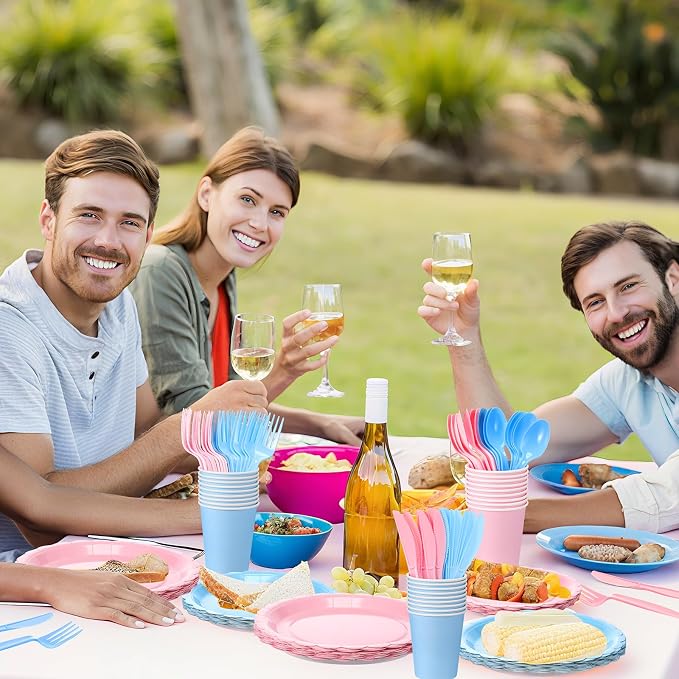 Tegeme 256 Pcs Pink and Blue Gender Reveal Party Supplies Disposable Tablecloth Paper Plates Napkin Cup Plastic Fork Knives Spoon Tableware Serve 36 Guest for Birthday Baby Shower Wedding Decoration