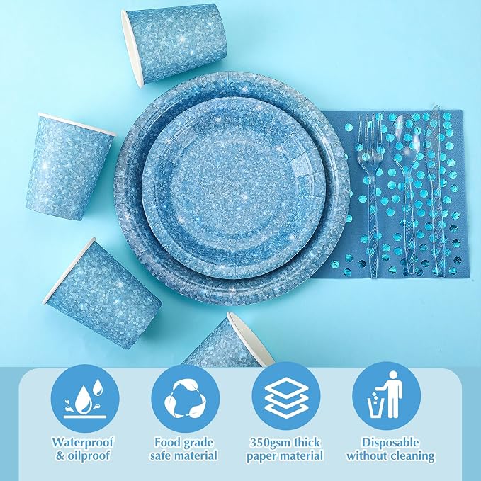 Hushee 175 Pcs 25 Guests Light Blue Paper Party Plates and Cups Napkins Sets Holographic Glitter Disposable Dinnerware Plastic Forks Knives Spoons Birthday Bachelorette Wedding Party Supplies
