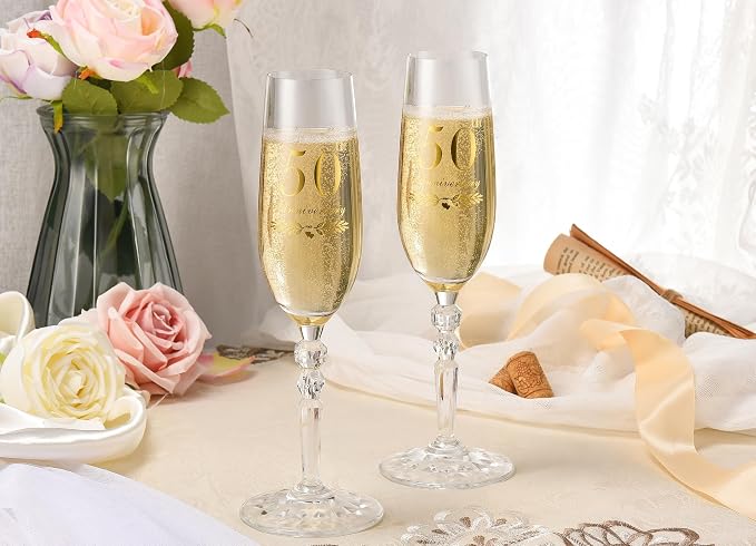 50th Anniversary Decorations Gifts for Couple, Classical Style 50th Wedding Anniversary Champagne Flutes Glasses, Crystal Champagne Glasses Set of 2, Gifts for Parents