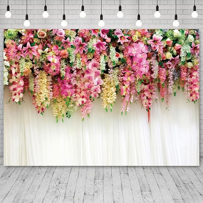 15x8ft Pink Floral Backdrop White Curtain Wedding Reception Photography Background Colorful Flowers Anniversary Bridal Shower Decorations Birthday Party Baby Shower Portrait Photo Booth Prop