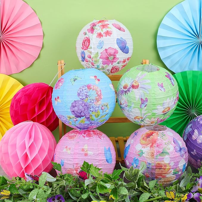 Retisee 18 Pcs Spring Tea Party Decoration Butterfly Floral Hanging Paper Lantern Pastel Honeycomb Fans Honeycomb Ball for Garden Spring Teacups Pink Purple Party Ceiling Decor Supplies