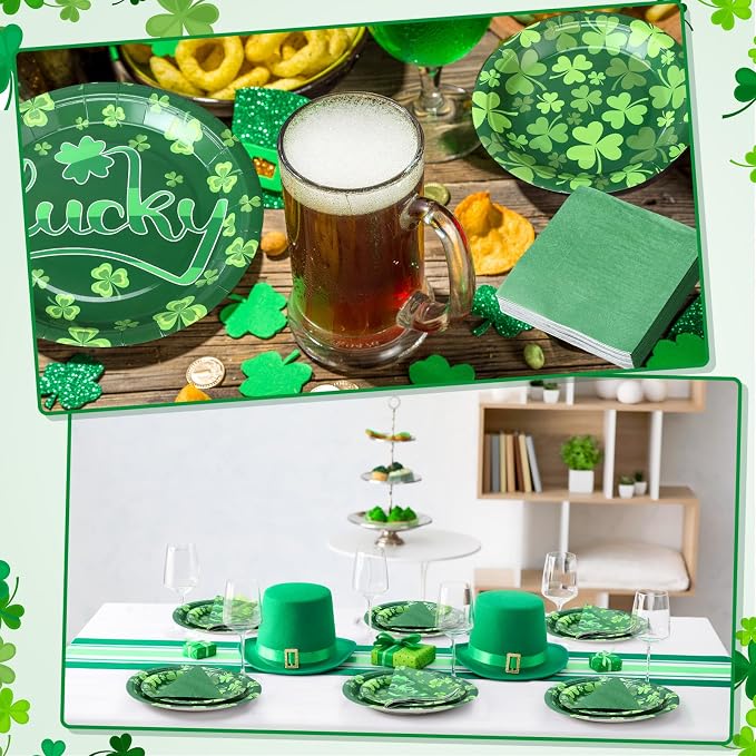 Funnymoom 200Pcs St Patrick's Day Party Supplies Kit Lucky Clover Disposable Paper Dinner Plates Dessert Plates Shamrock Luncheon Napkins and Beverage Napkins for Irish Decorations Supplies 50 Guests
