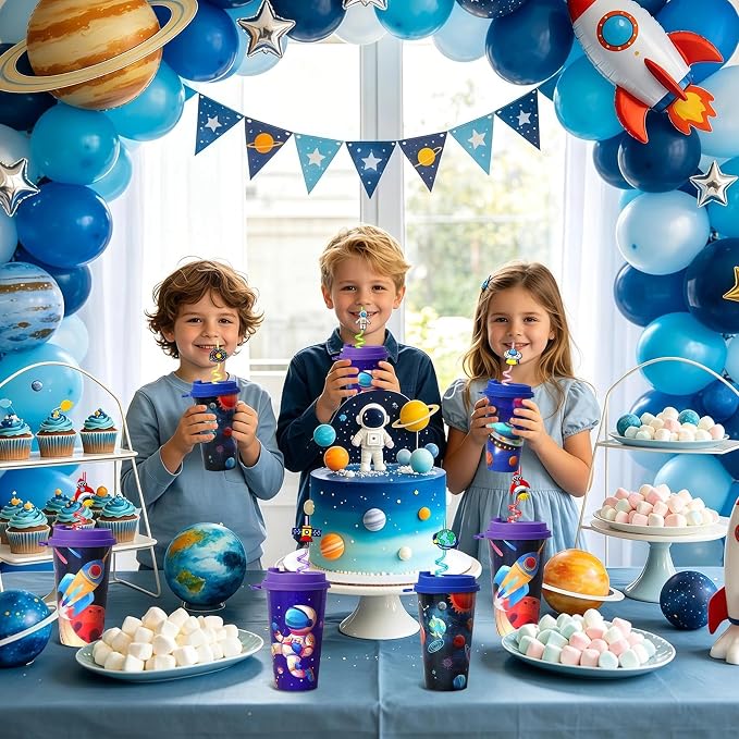 24 Sets Space Birthday Party Decorations Cups with Lids and Straws,16 oz Outer Space Party Favors for Kids, Galaxy Party Supplies Gifts