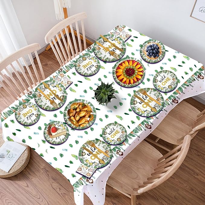 Wild One Birthday Decorations,182pcs Jungle Safari Theme Party Supplies,Includes Plates Napkins Cutlery Tablecloth and Banner,for Baby Shower or Boys 1st Birthday Party,Serve 30 Guests