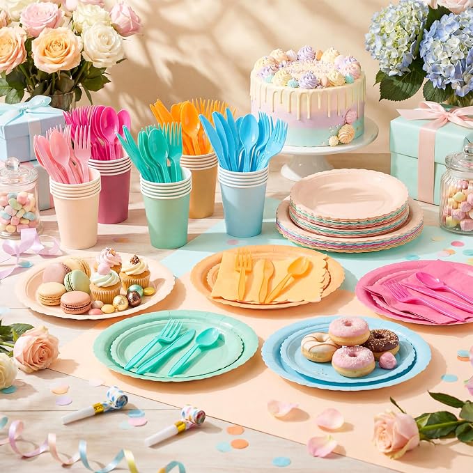 Zhehao 350 Pcs Candy Colors Party Supplies Serve 50 Colorful Pastel Disposable Tableware Kit with Plates, Cups, Napkins, Cutlery for Baby Shower, Birthday, Wedding