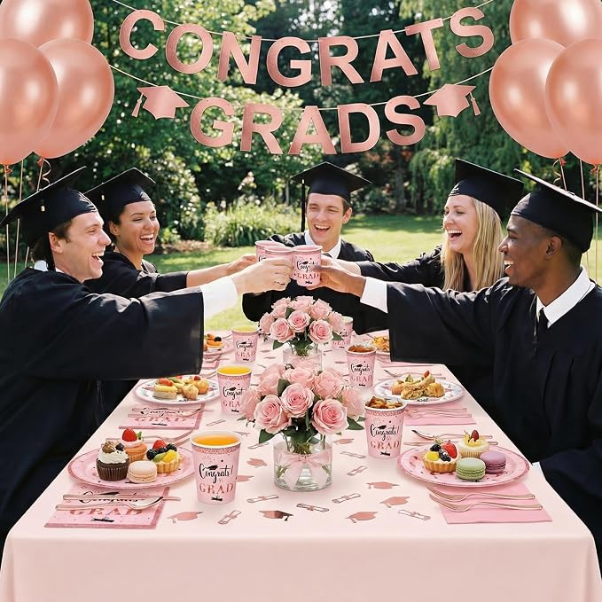 Domensi 400 Pcs 2026 Graduation Decorations Plates and Napkins and Cups Set Serve 50, Pink and Gold Graduation Party Supplies, Class of 2026 Paper Tableware 9oz Cup Knife Fork Spoon Congrats Grad
