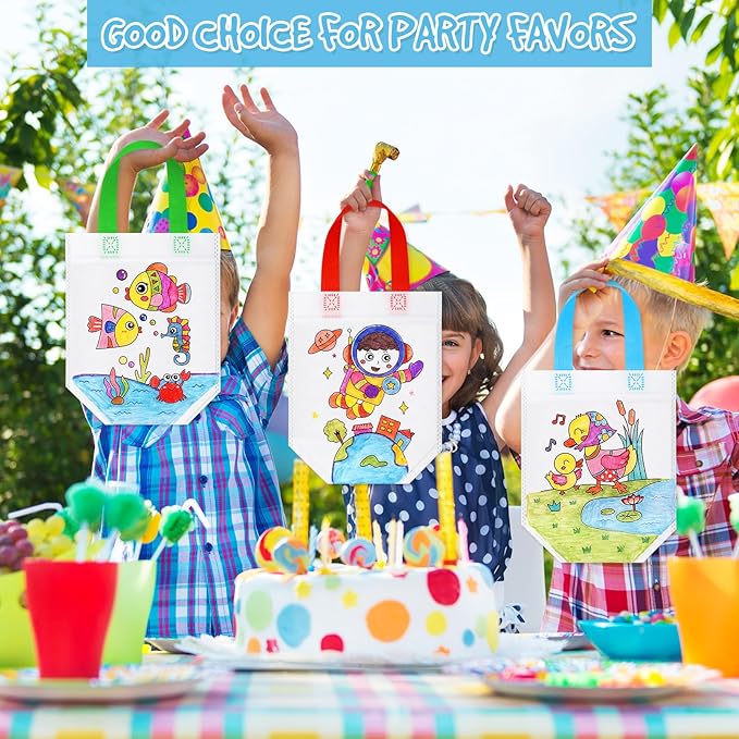 Chunful 48 Pieces Coloring Goodie Gift Bags for Kids Birthday Party Reusable Coloring Tote Bags Cute Cartoon Colorful Party Favor Non Woven with Colorful Pens DIY Crafts (Lovely with Crayon)