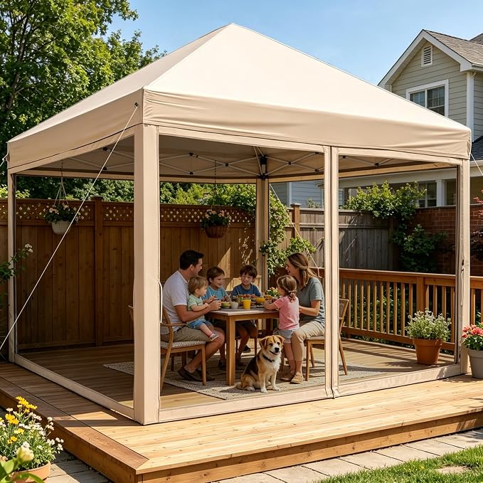 8x8 Pop Up Canopy with Mosquito Netting, Ez Up Portable Waterproof Instant Outdoor Screen Shelter, Pop Up Tent for Patio, Backyard, Parties, Camping and Events, Beige