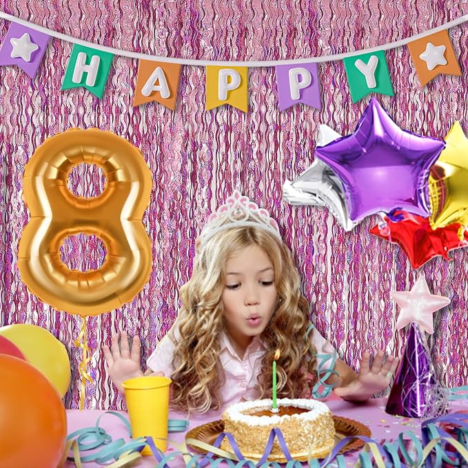 Pink Backdrop Party Decorations Pink Streamers Tinsel Foil Fringe Curtains Wavy Sparkle Metallic Pink Curtain Photo Booth Props for Birthday Wedding Valentines Day Bachelorette Decorations