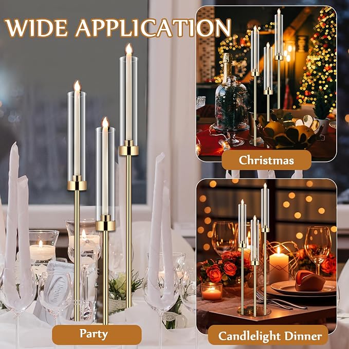 Layhit 6 Set Wedding Gold Candelabra Centerpieces for Tables, 3 Arm Tall Acrylic Candle Holder Centerpiece with Clear Shades for Reception, Party, Dining Decor, Anniversary, Fits 0.87" LED Candles