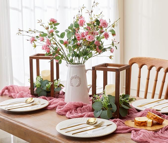 24 Pcs/12 Set Wooden Wedding Lantern Centerpiece Include 12 Lantern Candle Holder 12 Flameless LED Candle for Rustic Wedding Table Party Baby Shower Farmhouse Decor(No Wreathes)