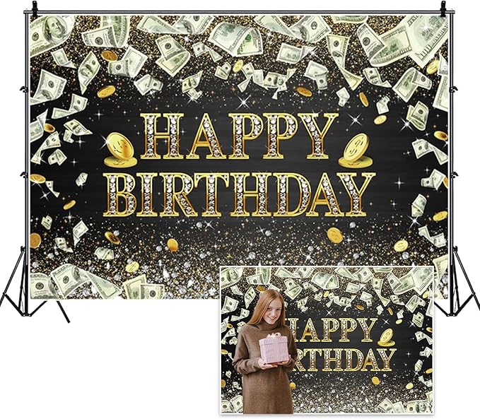 12x8ft Money Birthday Backdrop Dollar Bill Gold Coins Bday Party Background Supplies Money Happy Birthday Party Backdrop Black and Gold Banner Sparkle Glitter Diamonds Decor Gifts Photobooth