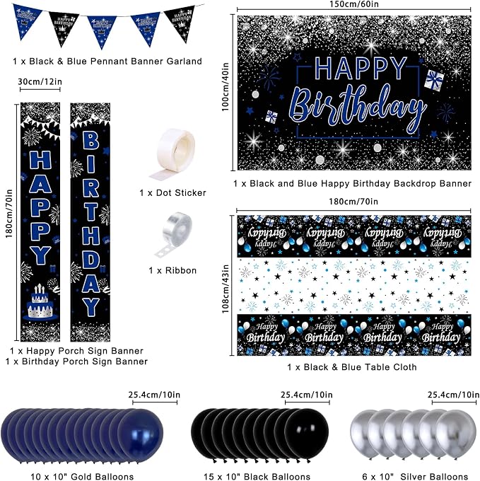 Black and Blue Birthday Party Decorations for Boys Men Women Girls | Balloon Supplies with Happy Birthday Backdrop Banner Tablecloth Confetti Balloons Arch