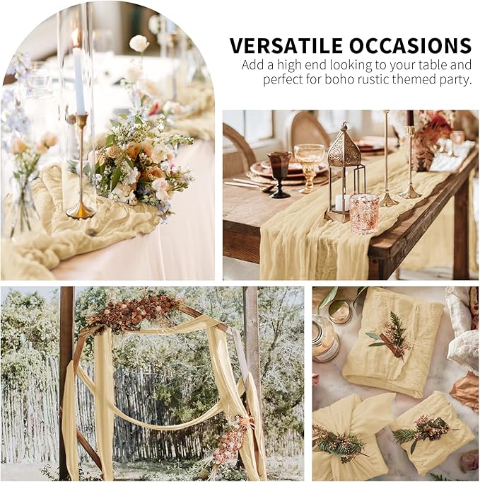 6 Pack Cheesecloth Table Runner,Beige Table Runner Long Romantic Semi Sheer Rustic Boho Gauze Table Runners for Wedding Bridal Shower Birthday Party Decorations(17.7×108 Inch)