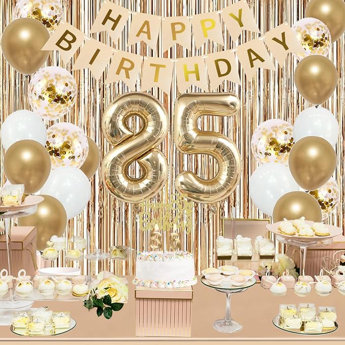 Trgowaul 85th Birthday Decorations for Women, Banner, Sash and Crown, Cake Topper, 85 Number Balloon, Fringe Curtains, Champagne Gold 85th Birthday Party Supplies