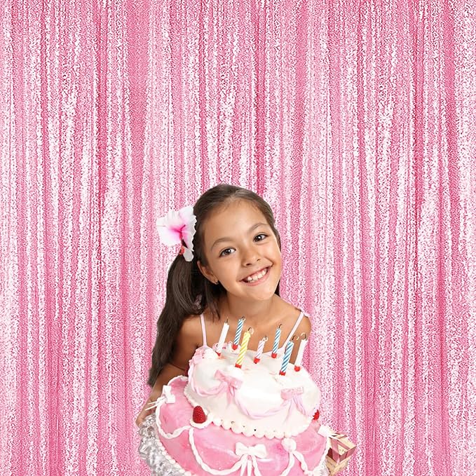 Sugargirl Matte Pink Sequin Backdrop Curtain 4 Panels 2FTx8FT Glitter Pink Background Drapes Sparkle Photography Backdrop for Party Wedding Birthday Wall Decoration
