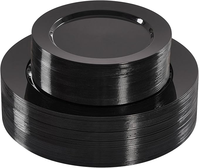 Fijinhom 100PCS Black Disposable Plates for 50 Guests Including 50PCS 10" Dinner Plates & 50PCS 7" Dessert Plates, Black