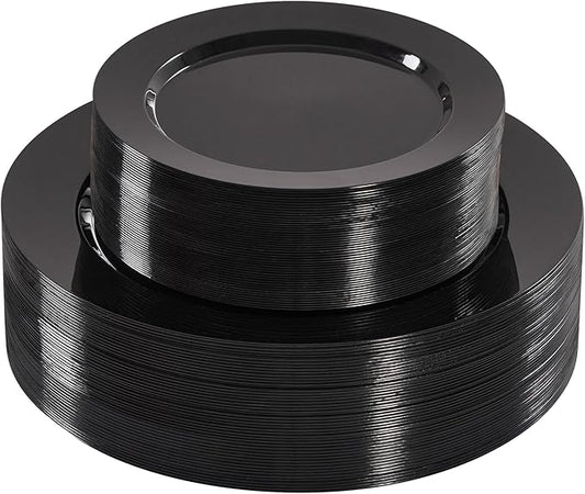 Fijinhom 100PCS Black Disposable Plates for 50 Guests Including 50PCS 10" Dinner Plates & 50PCS 7" Dessert Plates, Black