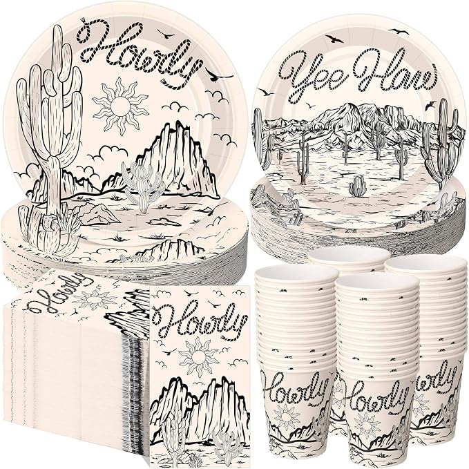 Pickmesh 250 Pcs Western Cowboy Cowgirl Party Decorations Black Wild West Disposable Tableware Set Howdy Yee Haw Paper Plates Napkins and Cups for Rodeo Birthday Baby Shower Party Decorations Serve 50