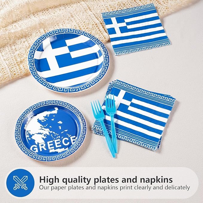 96PCS Greek Flag Birthday Party Supplies Greece Flag Plates Disposable Greek Paper Tableware Set for Blue Greece Independence Day Birthday Decorations Family Gathering Dining Celebration, Serves 24