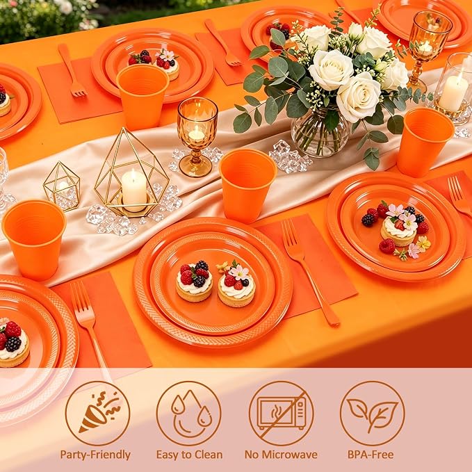 Orange Plastic Plates for Party,30 Guest Disposable Orange Party Supplies Including Dinner&Dessert Plate,12oz Cups,Cutlery,Napkins & Tablecloth Dinnerware Decorations for Birthday Fall Parties Wedding