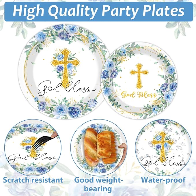 200pcs God Bless Plates Napkins Baptism Paper Tableware Set First Holy Communion Cake Dessert Disposable Dinnerware Blue Floral Party Decoration for Christening Birthday Decor Supplies Serves 50