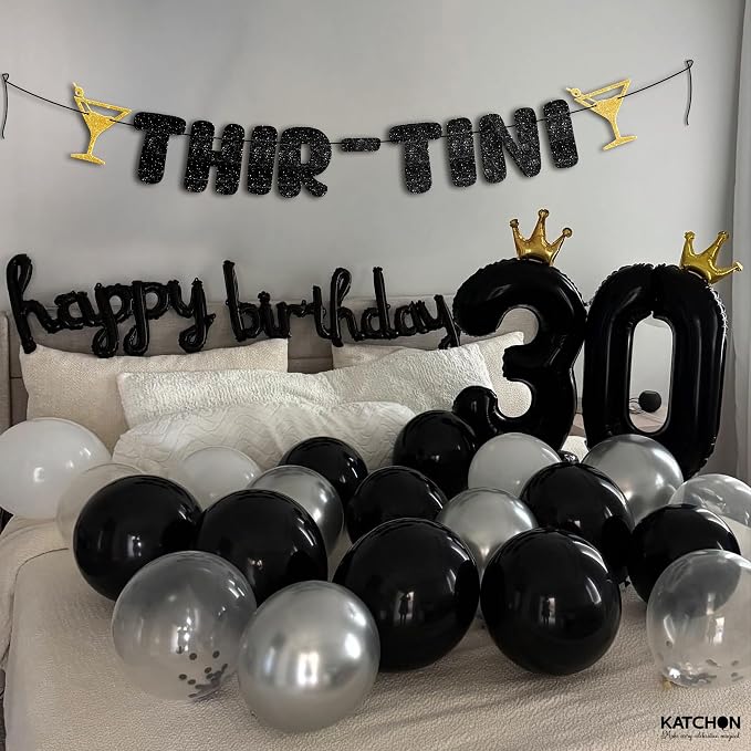 KatchOn, Thir-Tini 30th Birthday Banner – 10 Feet, No DIY | Black and Gold Glitter Martini Party Decorations, Funny 30th Birthday Decorations for Her, Him | A Tini Bit Older 30th Birthday Party Decorations