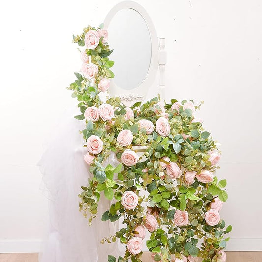 PONKING Flower Garland Artificial Rose Vine Flowers Hanging Fake Roses Vines for Wedding Birthday Party Valentines Christmas Room Wall Arch Decor, 2 Pink Floral Garland Decorations, High Realistic