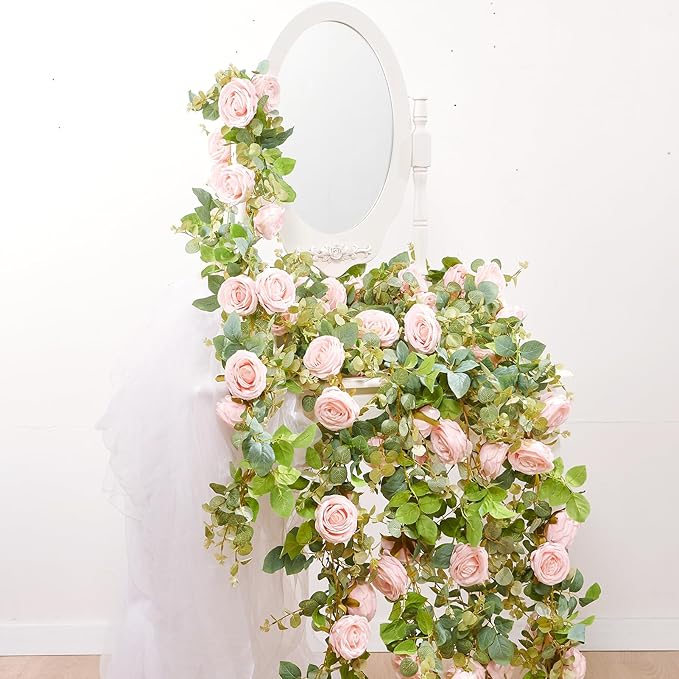 PONKING Flower Garland Artificial Rose Vine Flowers Hanging Fake Roses Vines for Wedding Birthday Party Valentines Christmas Room Wall Arch Decor, 2 Pink Floral Garland Decorations, High Realistic