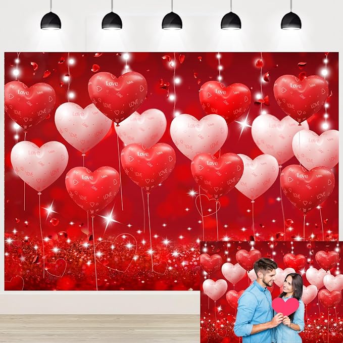 Red Hearts Balloons Anniversary Backdrop Banner 7x5ft Romantic Love Theme Photo Background For Anniversary Engagement Wedding Bridal Shower Couples Date Night Party Decorations Photo Booth (82x59inch)