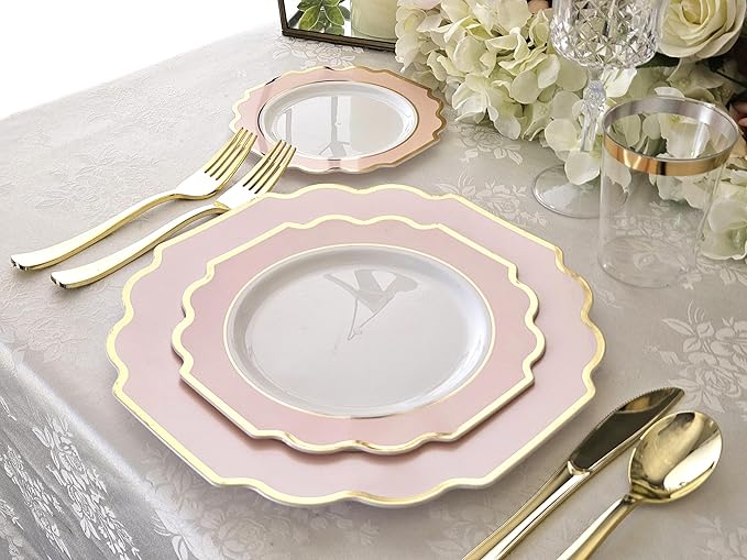 OCCASIONS Pink Plastic Plates - 50 Plates Pack (25 Guests) Heavyweight Disposable Dinner & Dessert Plate Set for Wedding, Party, Baby Shower (25x10.5" + 25x8") Imperial in Blush Pink & Gold