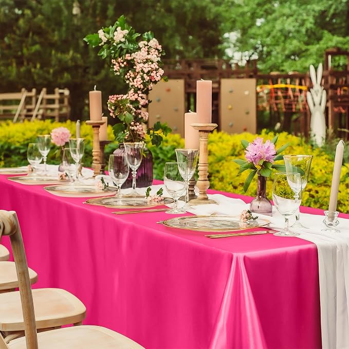 TURSTIN 4 Packs Hot Pink Satin Tablecloth 102 x 58 Inch Overlay Satin Table Cover Rectangle Bright Silk Tablecloth Smooth Fabric Table Decoration for Wedding Banquet Party Events