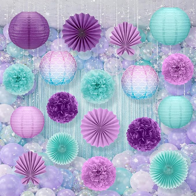 Soulchen 18 Pcs Mermaid Party Decor Purple and Green Paper Lanterns Set Ceiling Hanging Decorations Tissue Pom Poms Fans Decor for Mermaid Under the Sea Ocean Birthday Party Classroom Supplies