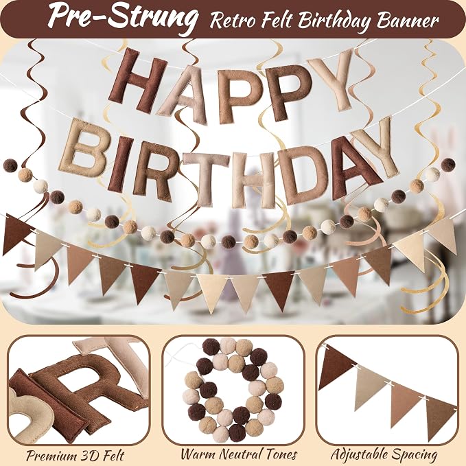 Kriyokiaa Pre-Strung Felt Happy Birthday Banner Retro Brown Happy Birthday Party Decorations with Pom Pom Garland, Flag and Hanging Swrils for Women Men Boys Girls Party Decor