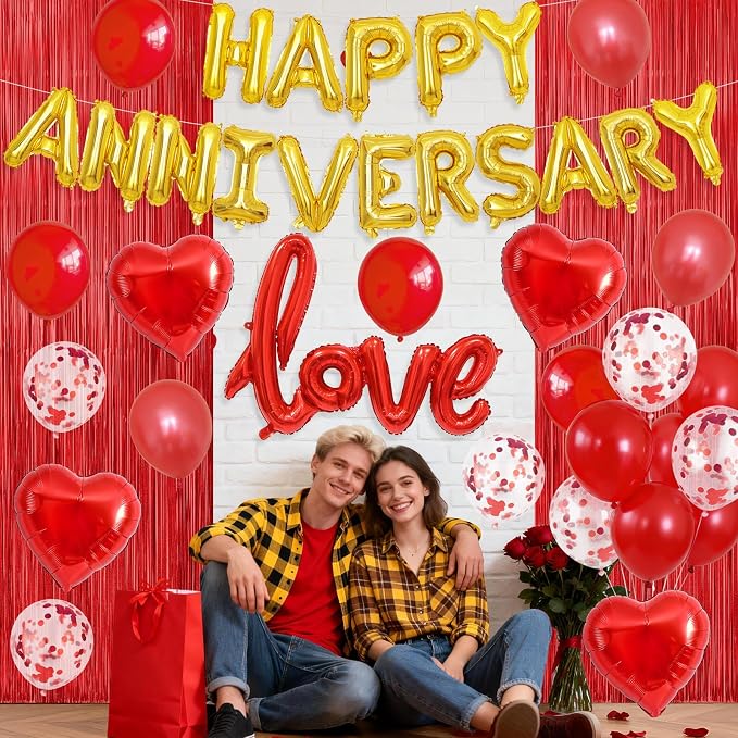 Anniversary Decorations Red,Happy Anniversary Balloon Banner with love and Heart Foil Balloons Fringe Curtain for Wedding Party Valentine's Day Romantic Night Surprise