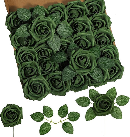 DuHouse 25Pcs Artificial Roses Flowers Fake Rose with Stems Real Touch Foam Flowers for DIY Wedding Bouquet Party Centerpiece Floral Arrangement Party Home Decor(Army Green)