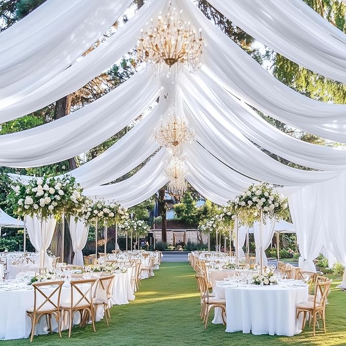 8 Panels 5x20ft White Ceiling Drapes for Wedding Parties, Wrinkle Free Thick Polyester 20ft Extra Long Tent Draping Ceiling Curtains Arch Drapery for Birthday Party Canopy Tent Decor
