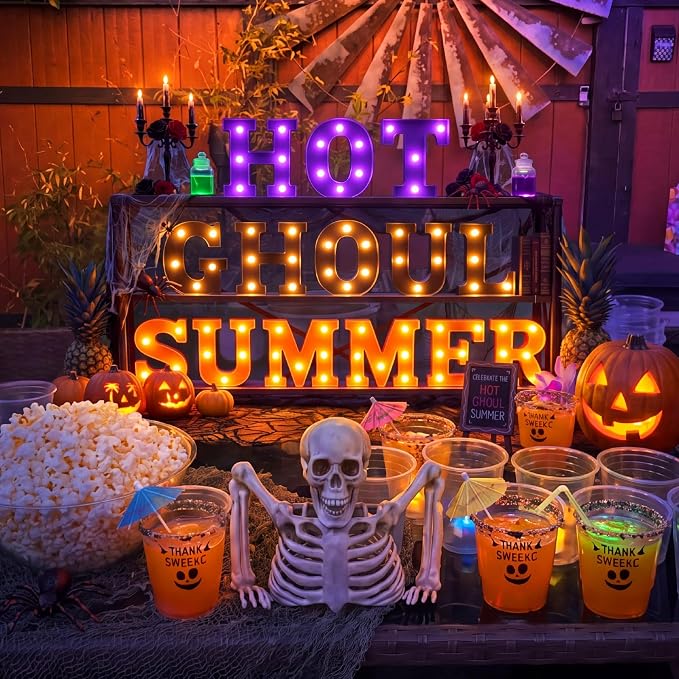 Honoson 14 Pcs Summer Halloween Party Decorations Hot Ghoul Summer Light Sign LED Funny Summers Theme Decor for Hawaiian Pool Beach Halloween Birthday Party Decorations