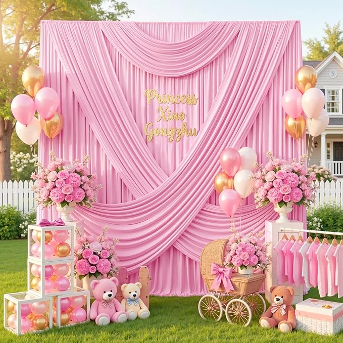 10ftx12ft Wrinkle Free Pink Backdrop Curtain, 2 Panels 12FT Height Pastel Pink Drapes for Wedding Backdrop, Silky Polyester Photo Back Drop Cloth for Birthday Party Photography Background