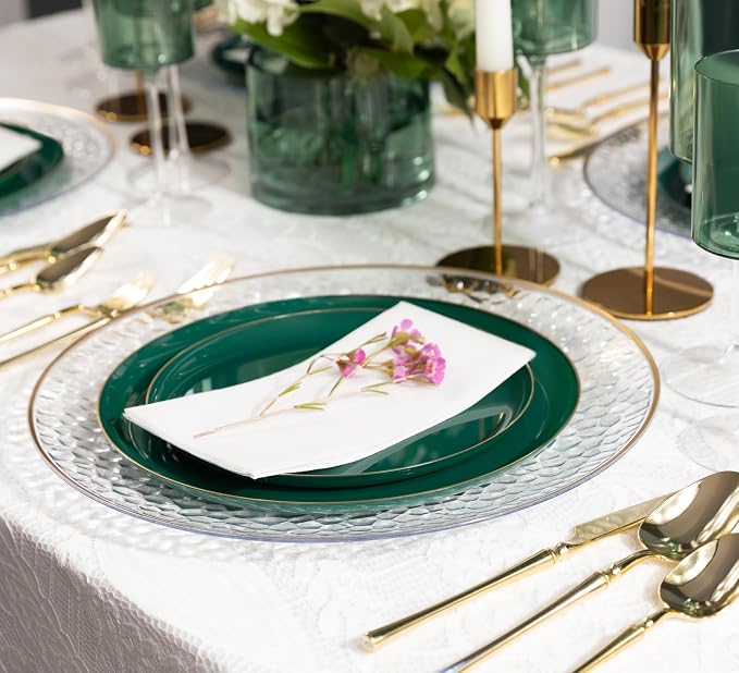 PLASTICPRO 20 Piece Combo Plates Set includes 10-6.3'' inch & 10-8.6'' inch Plates Emerald Green Plastic with Gold Rim Party, Wedding, Plate, Dishes, st patricks day Dishes