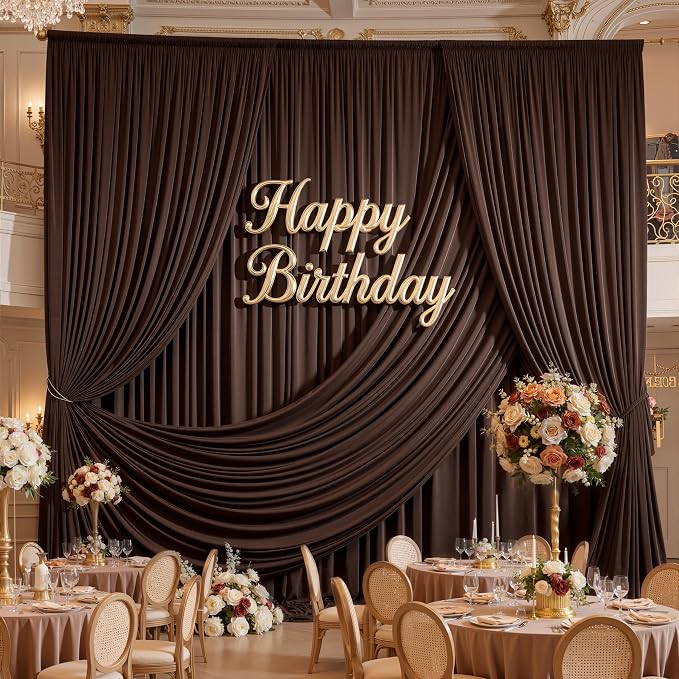 10x16ft Brown Backdrop Curtains for Wedding Party, 2 Panels 16 ft Long Back Drop Cloth, Wrinkle-Free Polyester Drapes for Birthday, Baby Shower, Stage Photography Background