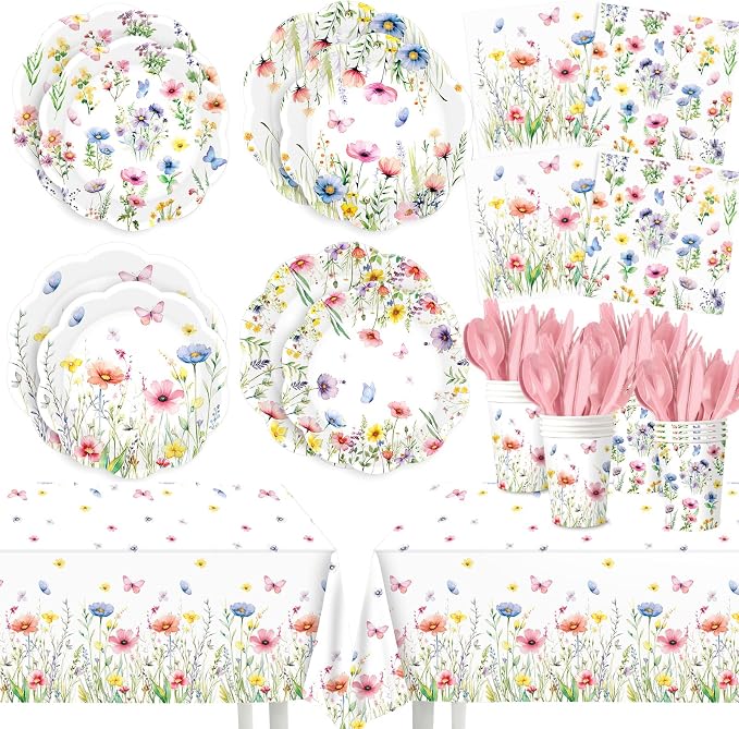 Ceenna 390 Pcs Wildflower Party Supplies for 48, Spring Floral Paper Plates Napkins Cups Tablecloth Cutlery Disposable Tableware Set for Tea Party Baby Shower Birthday Wedding Mother's Day Decoration