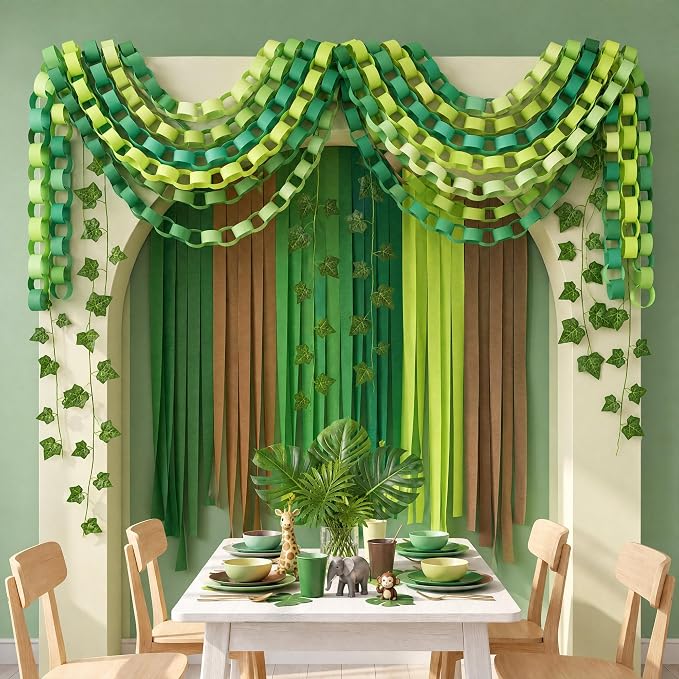 LFUTARI 500 Sheets Green Paper Chain Strips Garland, 492ft Jungle Crepe Paper Streamers and 82ft Fake Ivy Vines for Holiday Birthday Back to School Rainforest Party Classroom Backdrop Decorations