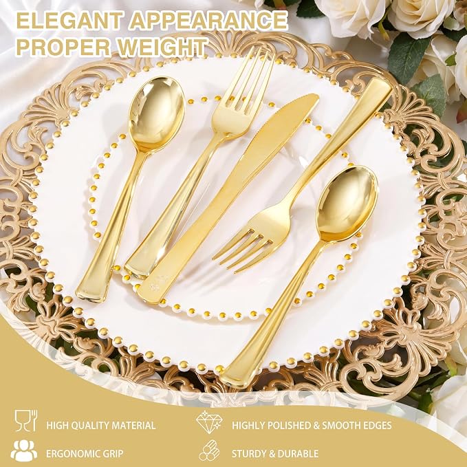 Supernal 360pcs Gold Plastic Silverware Heavy Duty Disposable Cutlery Gold flatware Sets Include 120 Forks, 120 Knives, 120 Spoons, Suitable for Party, Birthday, Wedding | Disposable Flatware Gold Plastic Utensils for bulk catering wedding banquet Upsc...