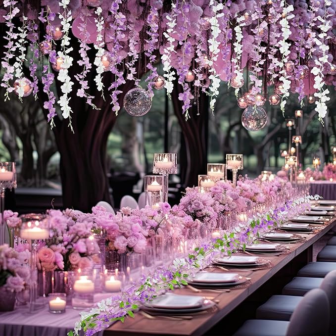 Thiccywoov 4pcs Wisteria Artificial Flowers Garland, 7.2Ft/Piece Wisteria Hanging Flowers Garland for Wedding Arch Decoration Outdoor Ceremony Home Backdrop Garden (Light Purple,Dark Purple,White)